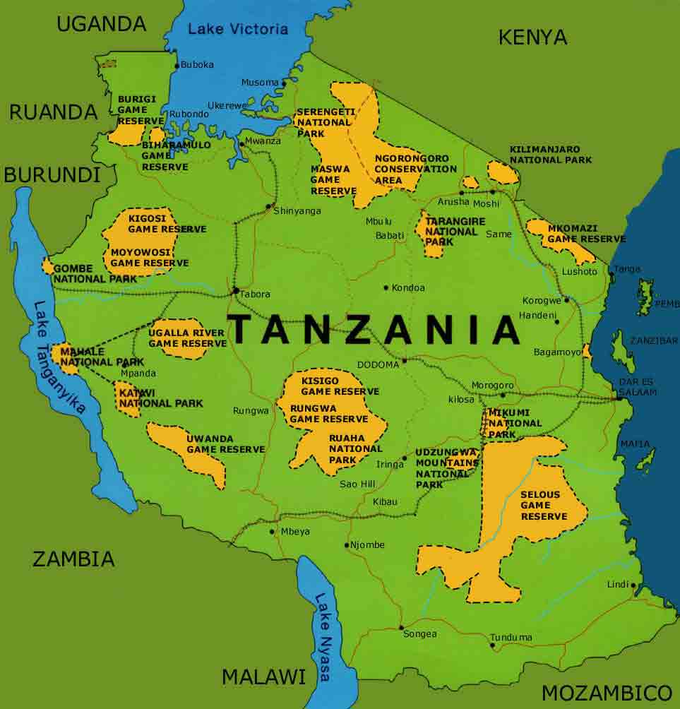 La mappa dei parchi della Tanzania